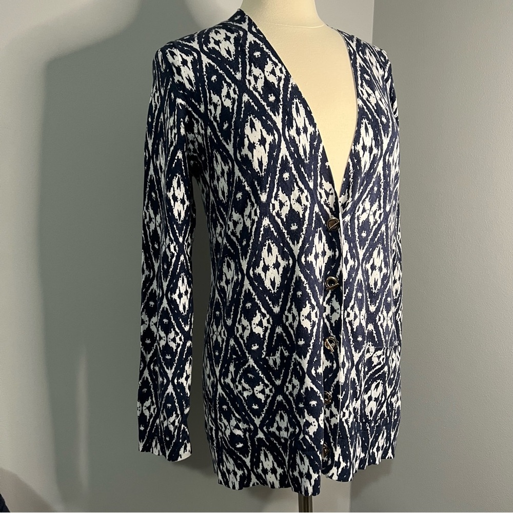 Grace Elements Size XL Navy Blue White Diamond Print Boyfriend Cardigan Pockets